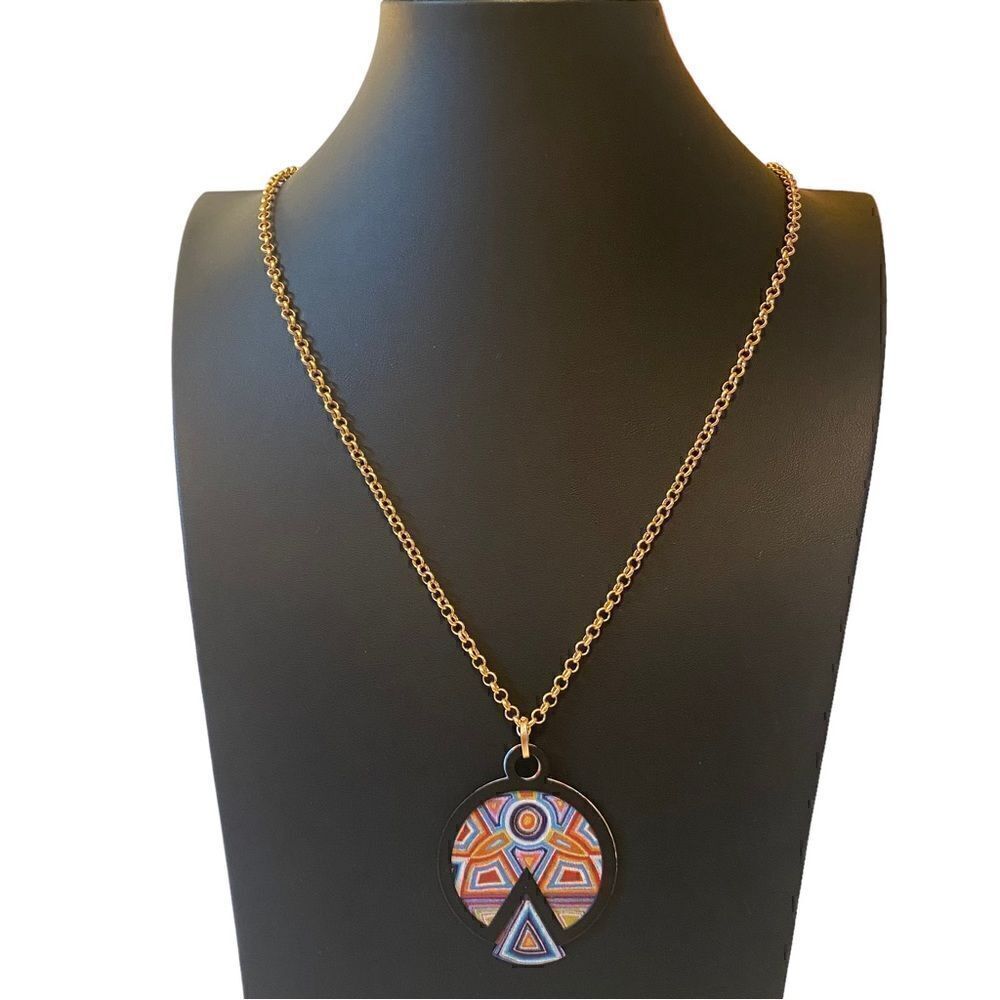 NDE Collection Abstract Multi-Colored Lightweight Pendant on Long Chain.